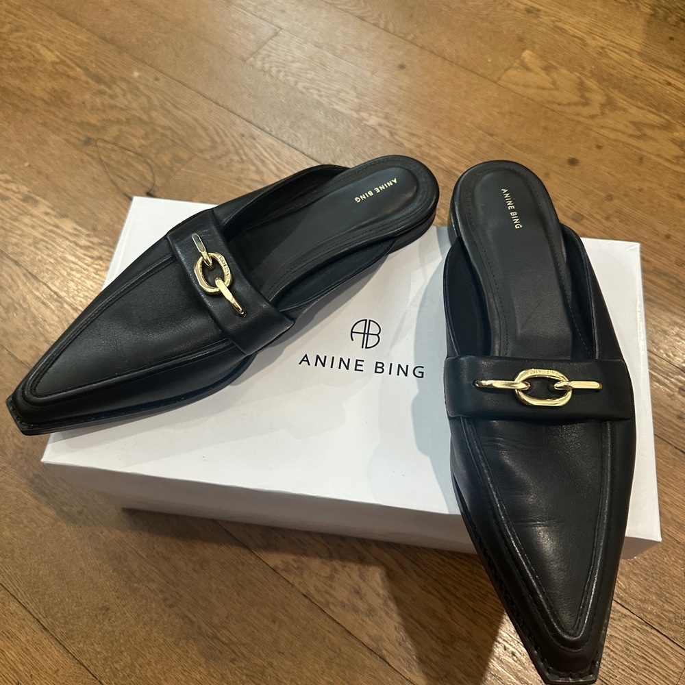 Anine Bing Selma Black Leather Mules NIB Sz 37